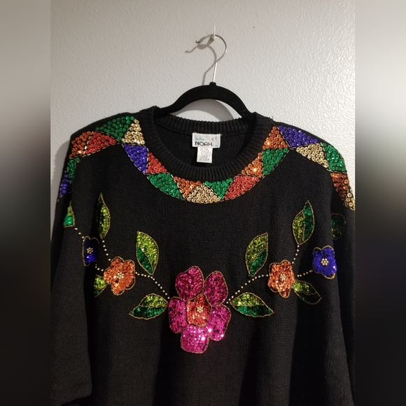 Vintage Mister Noah Plus Sequined Sweater Pullover Floral Flowers 90s Knit 22W - Picture 2 of 5